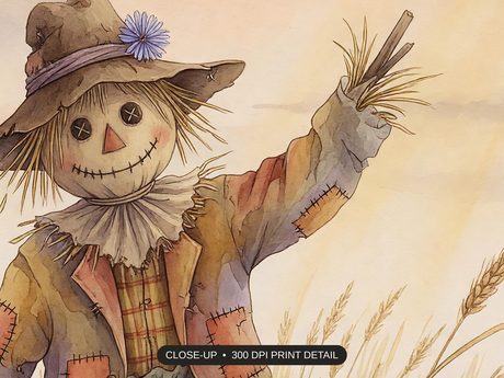 Close-up print detail of the whimsical autumn farm art artwork at 300 DPI