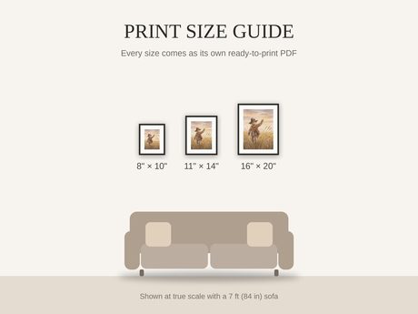 Print size guide showing 8x10, 11x14, and 16x20 framed prints at true scale beside a sofa