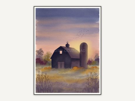 Soft watercolor barn silhouette at dusk print