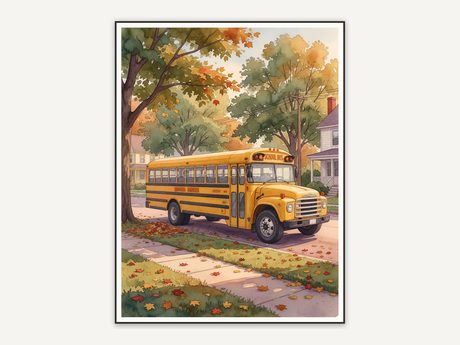 Yellow school bus on leafy street in soft retro watercolor