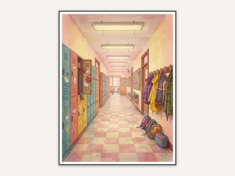 School hallway with lockers and hooks