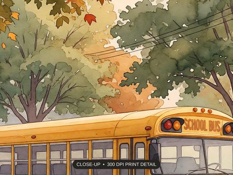 Close-up print detail of the vintage school bus art artwork at 300 DPI