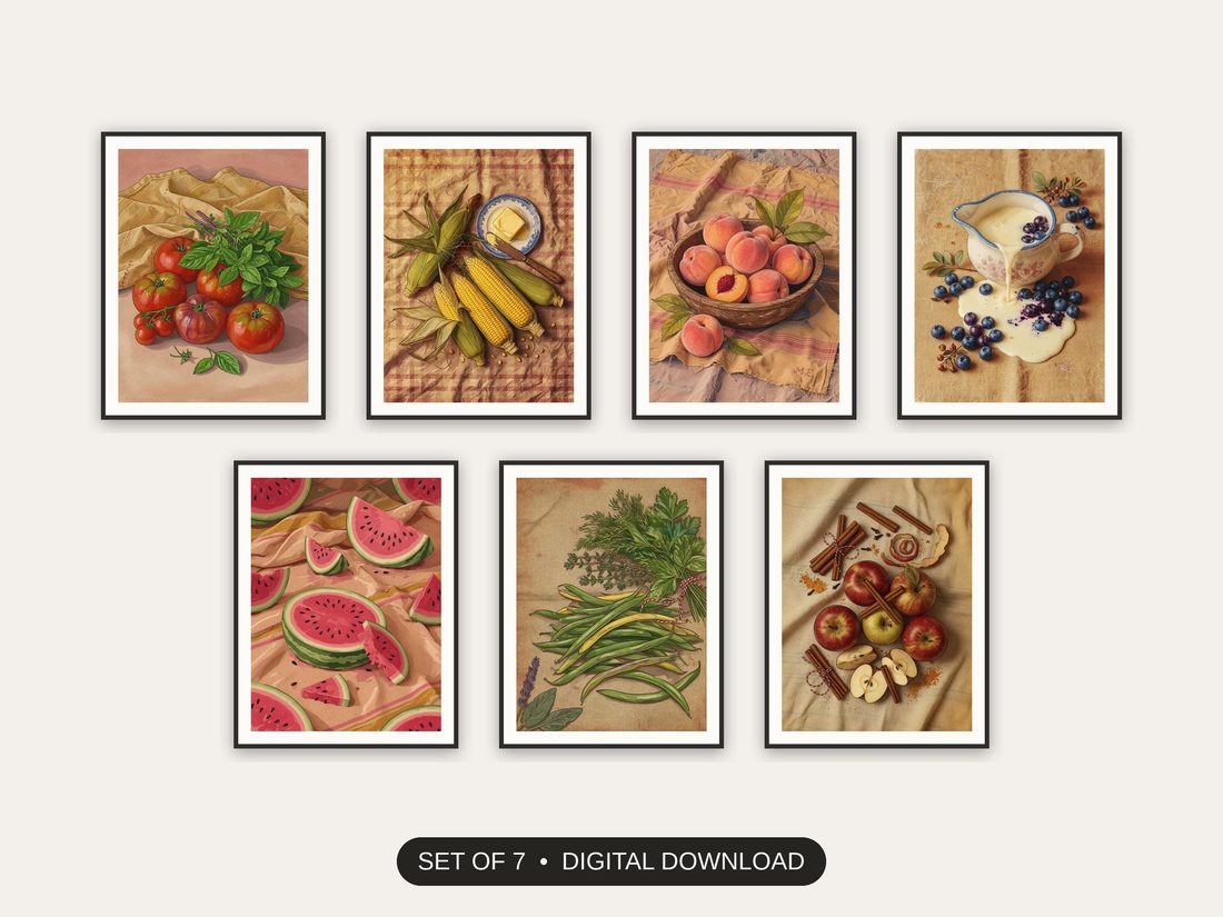 Set of 7 americana produce still life printable prints shown as a gallery wall