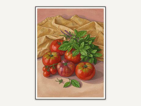 Tomatoes and basil still life print
