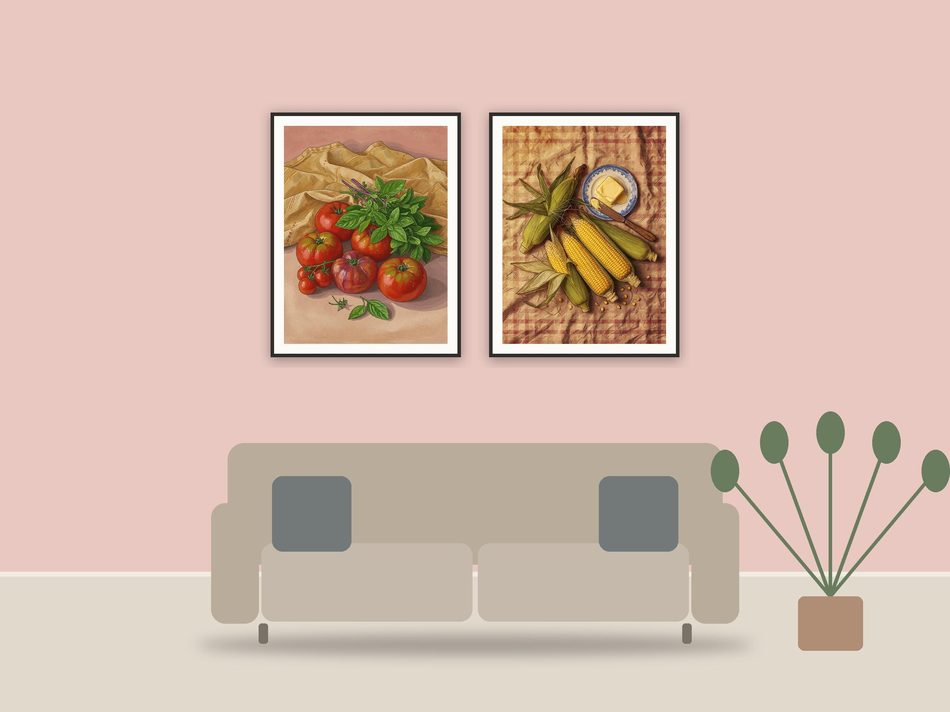 americana produce still life printable art framed above a sofa in a styled living room