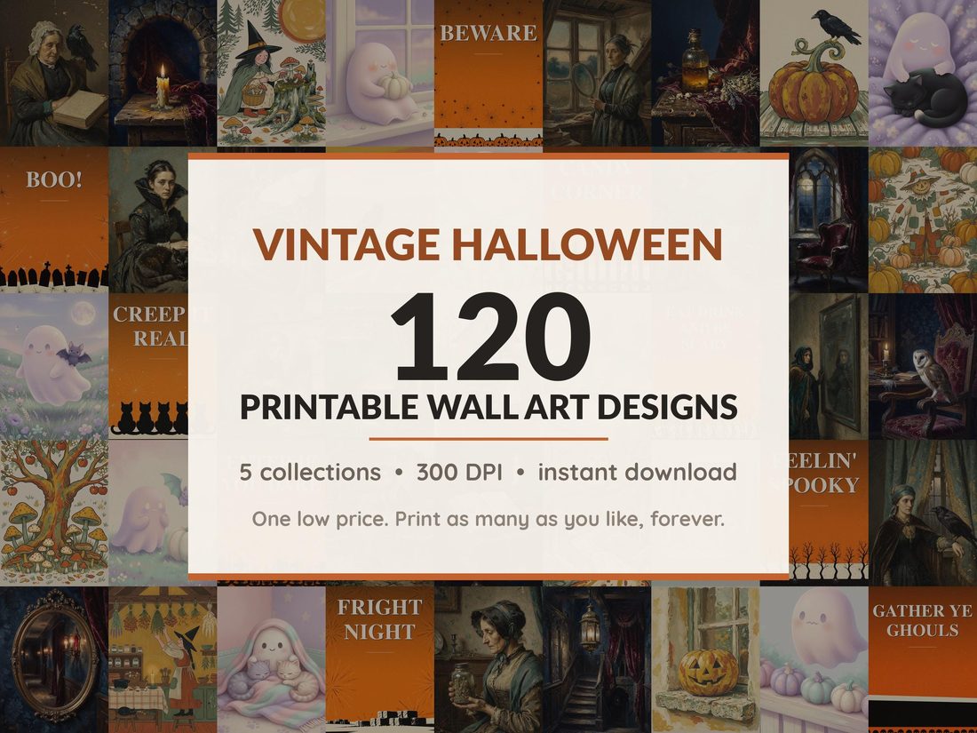 Halloween printable wall art mega bundle with 120 art prints in 5 collections: Antique Witch Portraits, Gothic Candlelit Studies, Primitive Folk Harvest, Pastel Ghost Companions, Retro Midnight Lettering