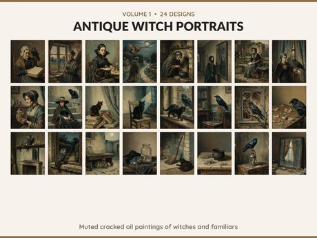 Volume 1 Antique Witch Portraits: 24 printable Halloween art designs, muted cracked oil paintings of witches and familiars