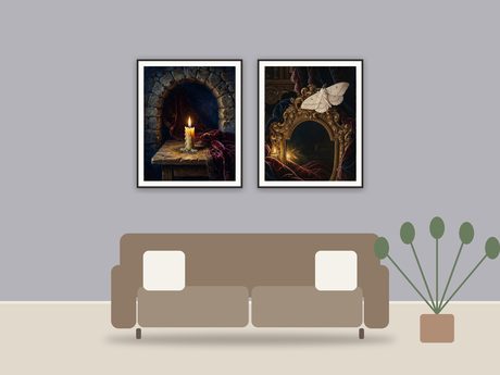 Gothic Candlelit Studies printable art framed above a sofa in a styled living room