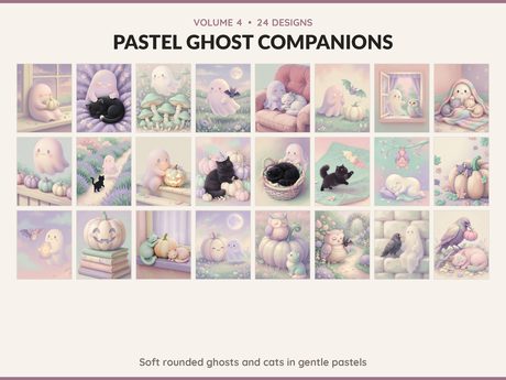 Volume 4 Pastel Ghost Companions: 24 printable Halloween art designs, soft rounded ghosts and cats in gentle pastels