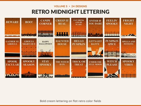 Volume 5 Retro Midnight Lettering: 24 printable Halloween art designs, bold cream lettering on flat retro color fields
