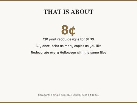 Value card: 120 Halloween printable designs works out at a few cents per print