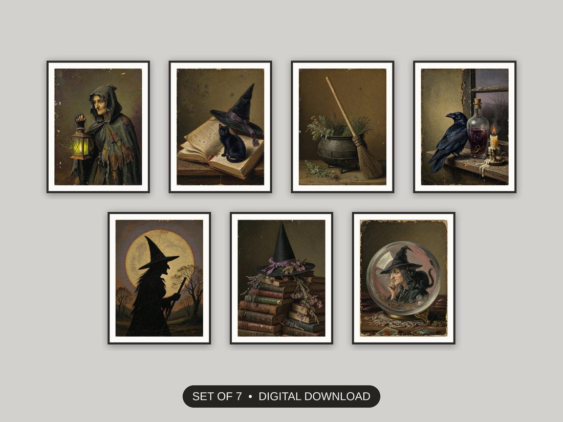 Set of 7 halloween decor and spooky season wall art printable prints shown as a gallery wall