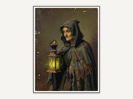 Vintage oil painting of a witch holding a lantern