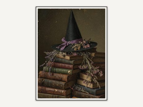 Vintage oil painting of stacked books with a witch hat