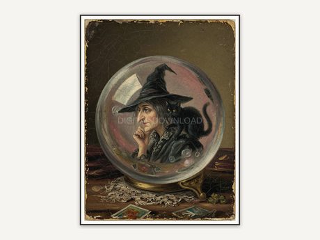 Vintage oil painting of a crystal ball reflecting a witch