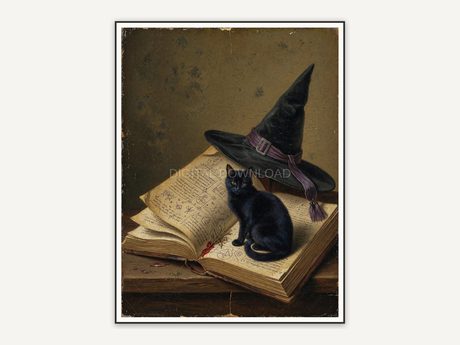 Vintage oil painting of a black cat with a witch hat and spellbook