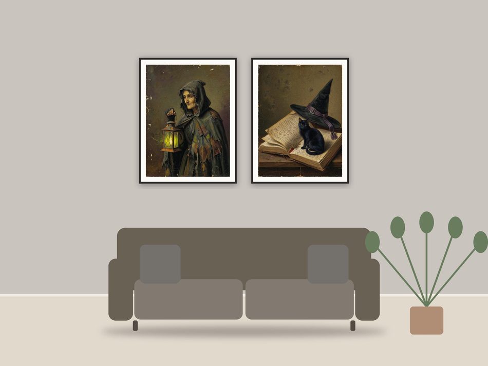 halloween decor and spooky season wall art printable art framed above a sofa in a styled living room