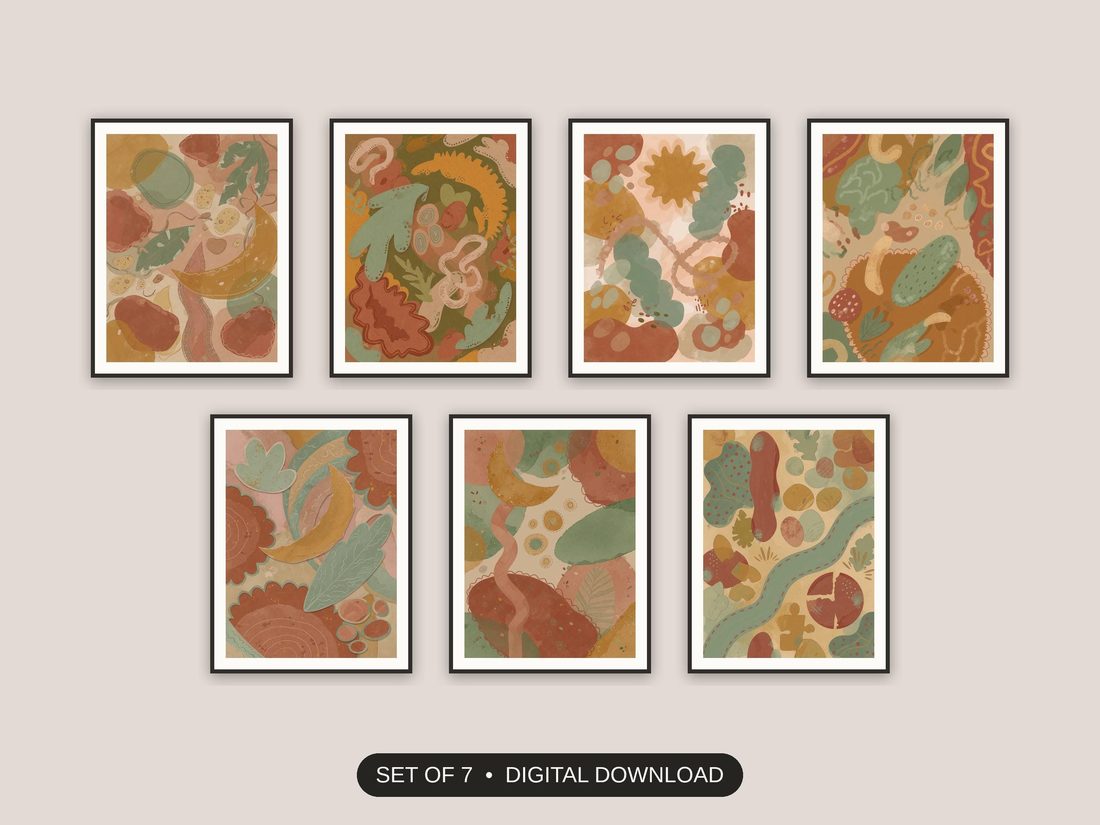 Set of 7 boho abstract printable prints shown as a gallery wall