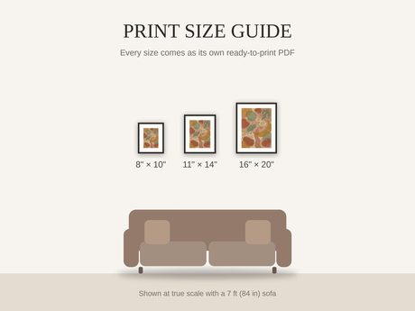 Print size guide showing 8x10, 11x14, and 16x20 framed prints at true scale beside a sofa
