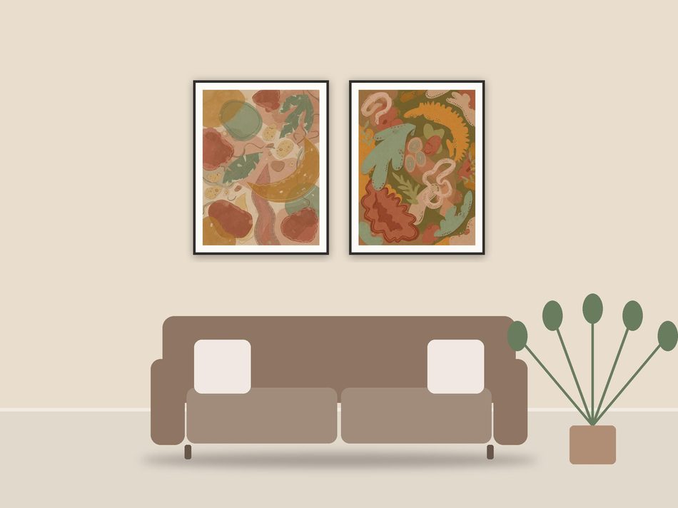 boho abstract printable art framed above a sofa in a styled living room