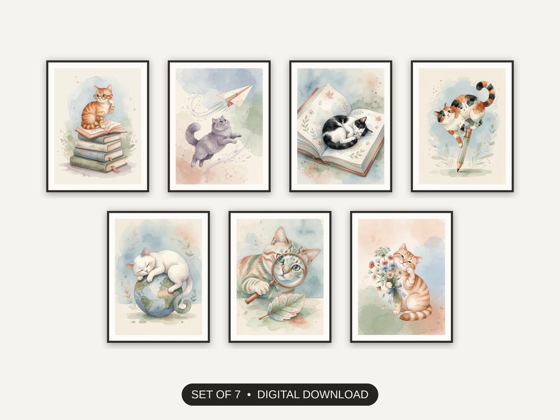 Set of 7 playful animal illustrations printable prints shown as a gallery wall