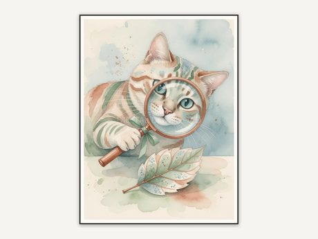Striped cat with magnifying glass and leaf