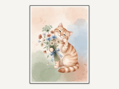 Ginger cat holding wildflower bouquet