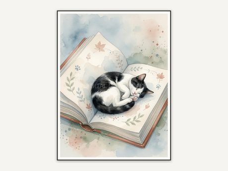 Black and white cat inside open book