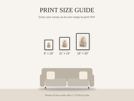 Print size guide showing 8x10, 11x14, and 16x20 framed prints at true scale beside a sofa