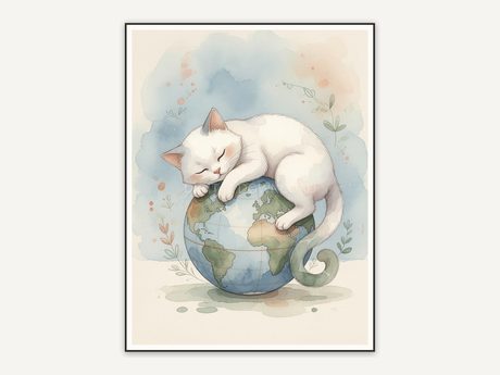 White cat resting on small globe