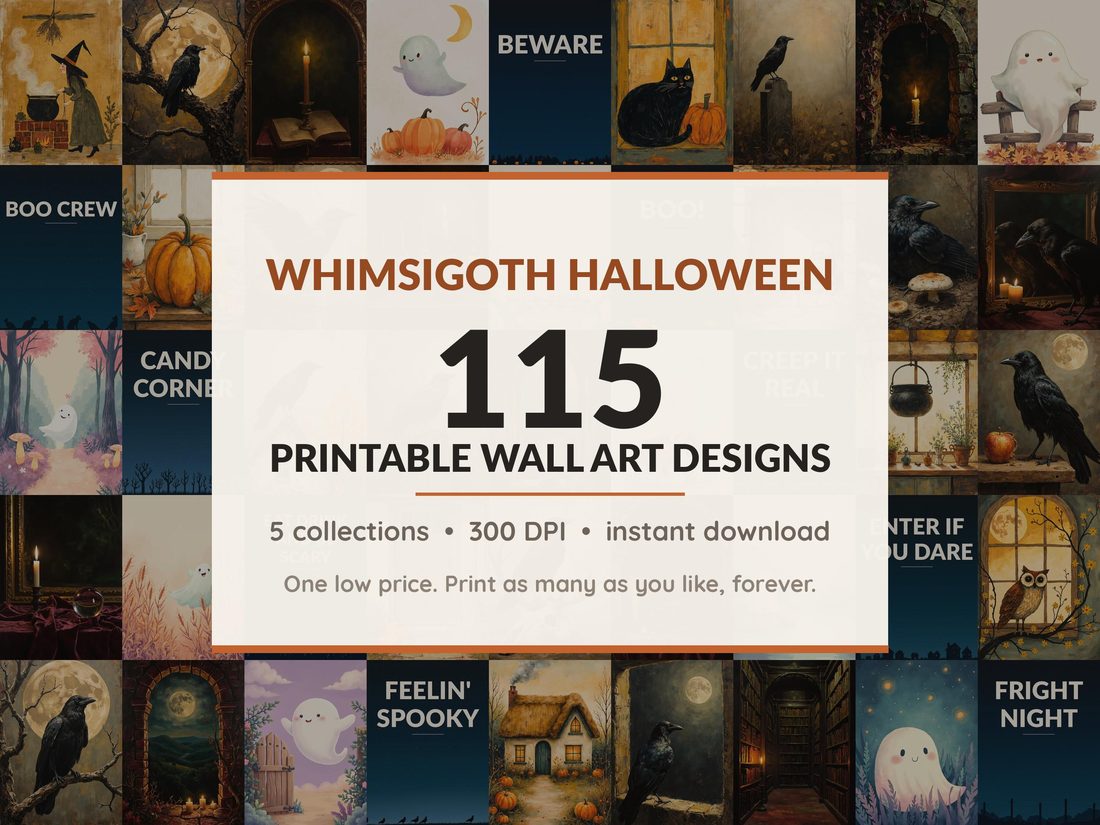 Halloween printable wall art mega bundle with 115 art prints in 5 collections: Whimsigoth Hearth Motifs, Antique Raven Portraits, Gothic Candle Studies, Blush Ghost Companions, Dusk Folk Lettering