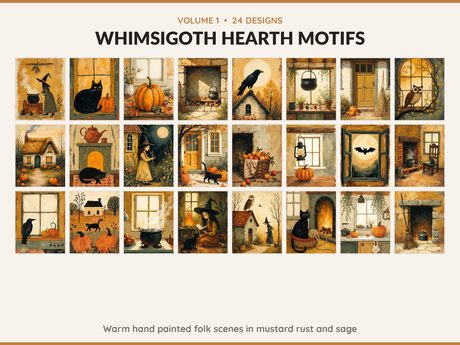 Volume 1 Whimsigoth Hearth Motifs: 24 printable Halloween art designs, warm hand painted folk scenes in mustard rust and sage