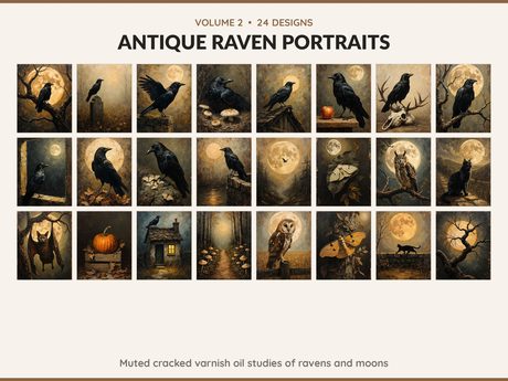 Volume 2 Antique Raven Portraits: 24 printable Halloween art designs, muted cracked varnish oil studies of ravens and moons