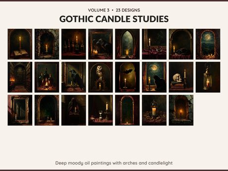 Volume 3 Gothic Candle Studies: 23 printable Halloween art designs, deep moody oil paintings with arches and candlelight