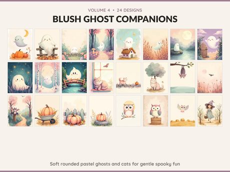Volume 4 Blush Ghost Companions: 24 printable Halloween art designs, soft rounded pastel ghosts and cats for gentle spooky fun
