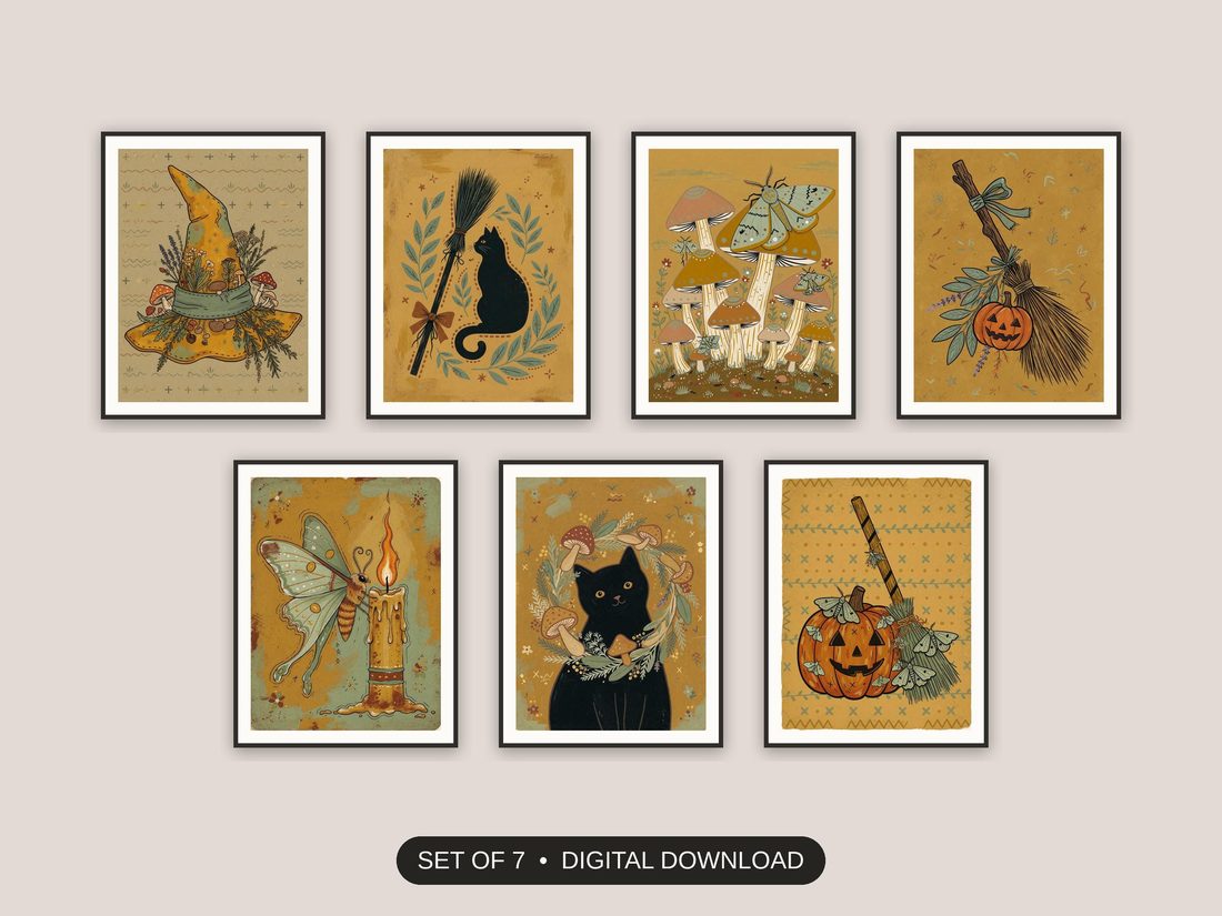 Set of 7 halloween decor and spooky season wall art printable prints shown as a gallery wall
