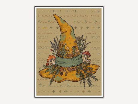 Primitive folk witch hat with mushrooms and herbs