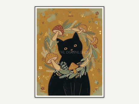 Black cat with mushroom wreath