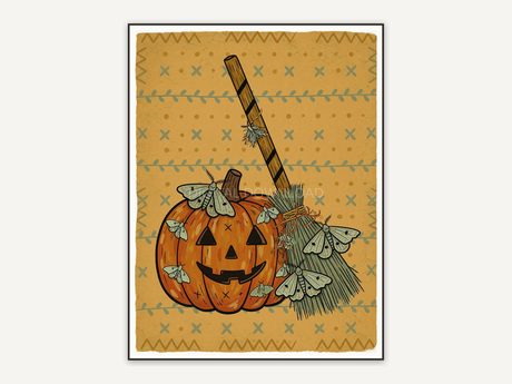 Pumpkin broom and moth folk print