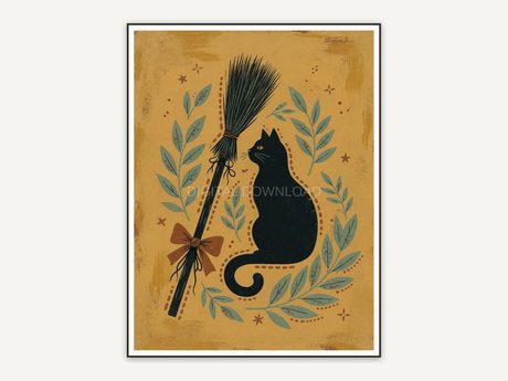 Broom and black cat in sage and rust tones
