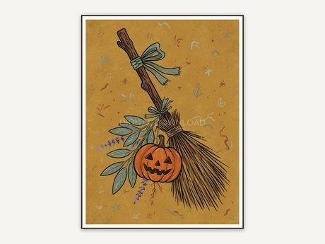 Witch broom pumpkin and sage illustration