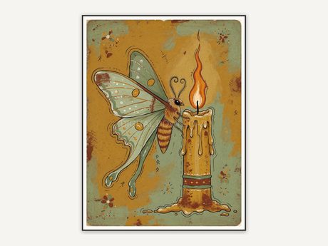 Moth and candle primitive folk art