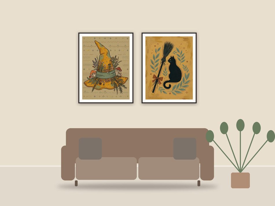 halloween decor and spooky season wall art printable art framed above a sofa in a styled living room