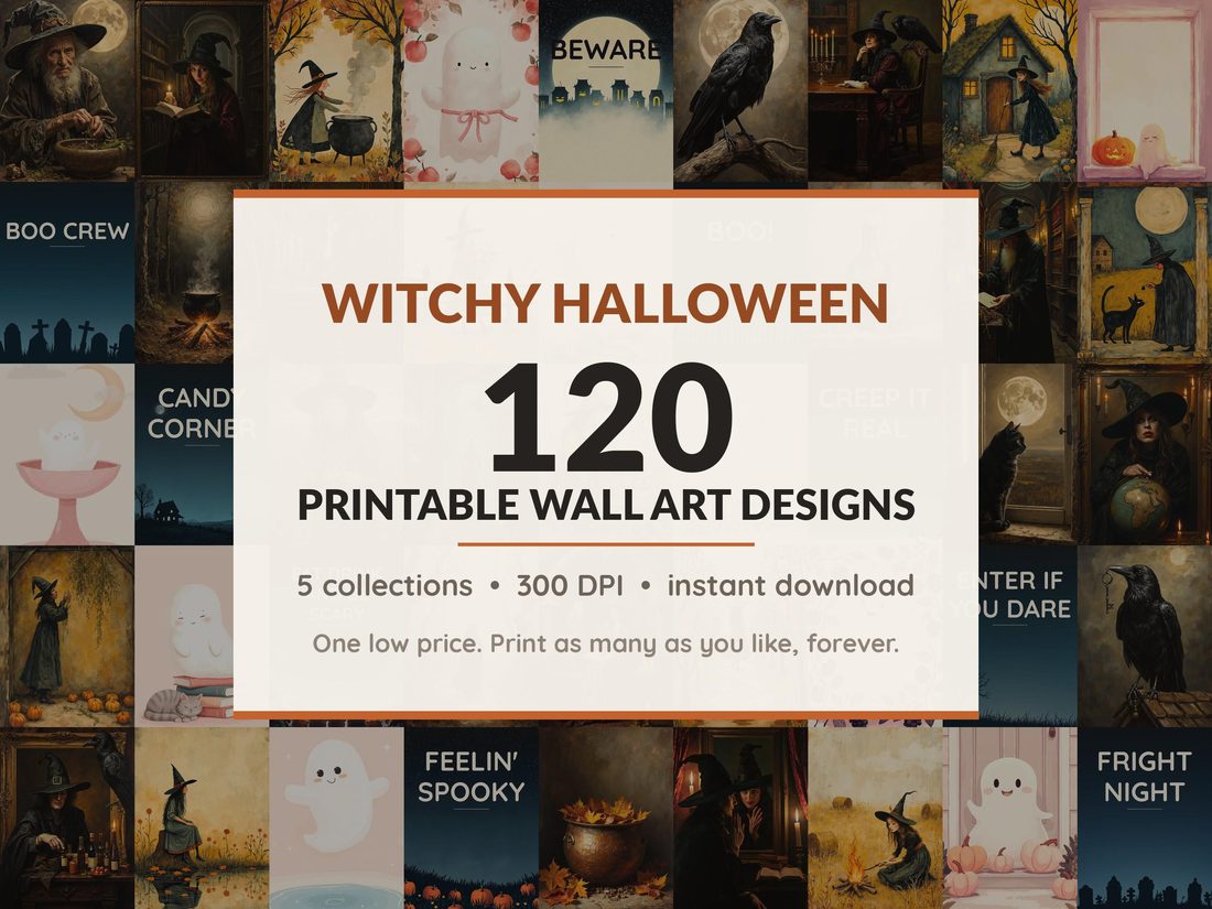 Halloween printable wall art mega bundle with 120 art prints in 5 collections: Impasto Witch Studies, Candlelit Witch Studies, Rustic Folk Witchcraft, Pastel Ghost Companions, Midnight Poster Fields