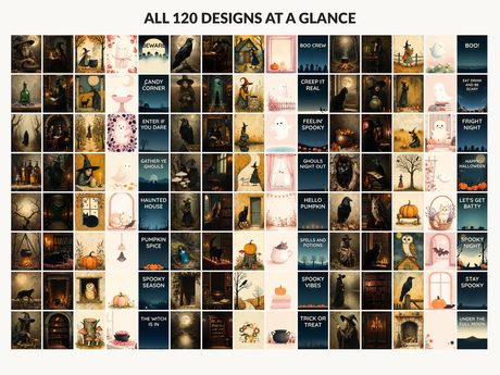 All 120 Halloween printable designs in the bundle shown together on one contact sheet