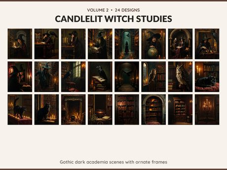 Volume 2 Candlelit Witch Studies: 24 printable Halloween art designs, gothic dark academia scenes with ornate frames