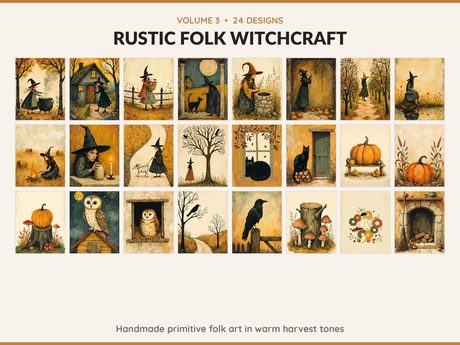 Volume 3 Rustic Folk Witchcraft: 24 printable Halloween art designs, handmade primitive folk art in warm harvest tones