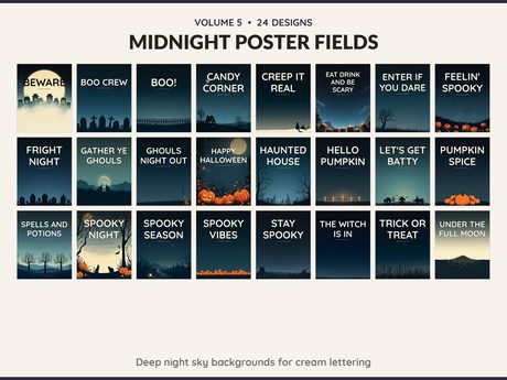 Volume 5 Midnight Poster Fields: 24 printable Halloween art designs, deep night sky backgrounds for cream lettering