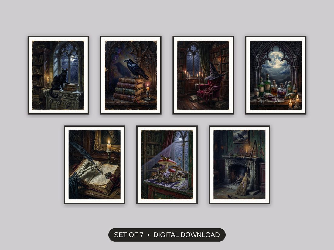 Set of 7 halloween decor and spooky season wall art printable prints shown as a gallery wall