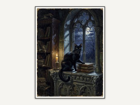 Gothic black cat on library windowsill at night